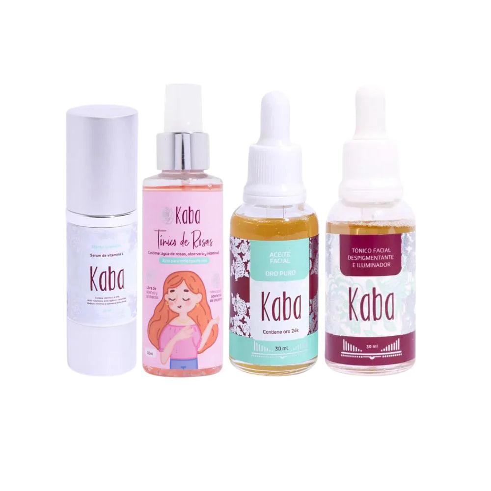 kaba Cuidado Facial kit (4 Pack) kaba Tonico Facial despigmentante, kaba aceite Facial de oro 24 k, kaba tonico de rosas, kaba serum vitamina c